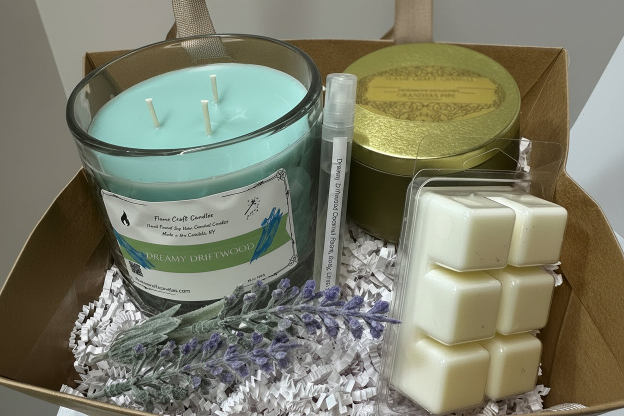 Cozy Night Reset Gift Set | Driftwood Candle + Room Spray + Wax Melts + Mini Tin | Relaxing Home Fragrance Bundle | Self Care Gift Box