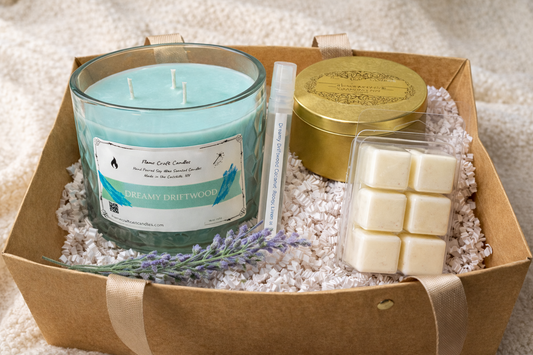 Cozy Night Reset Gift Set | Driftwood Candle + Room Spray + Wax Melts + Mini Tin | Relaxing Home Fragrance Bundle | Self Care Gift Box